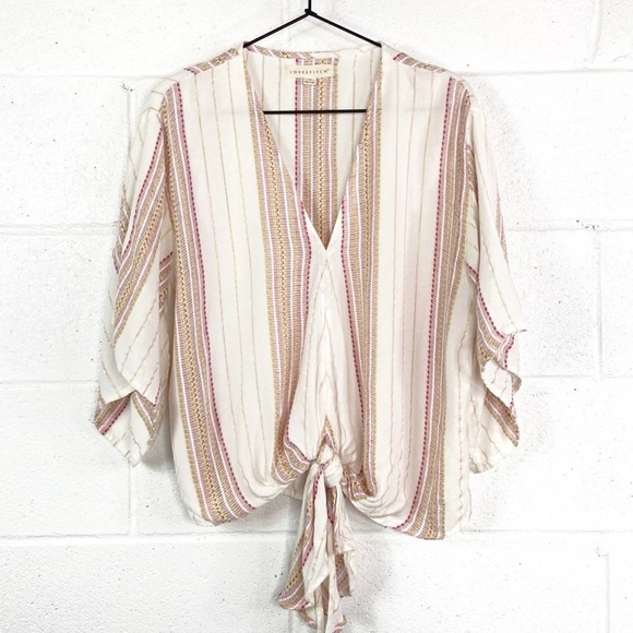 lovestitch Tops - Lovestitch Stripe Tie Front Knot Top V-Neck Blouse